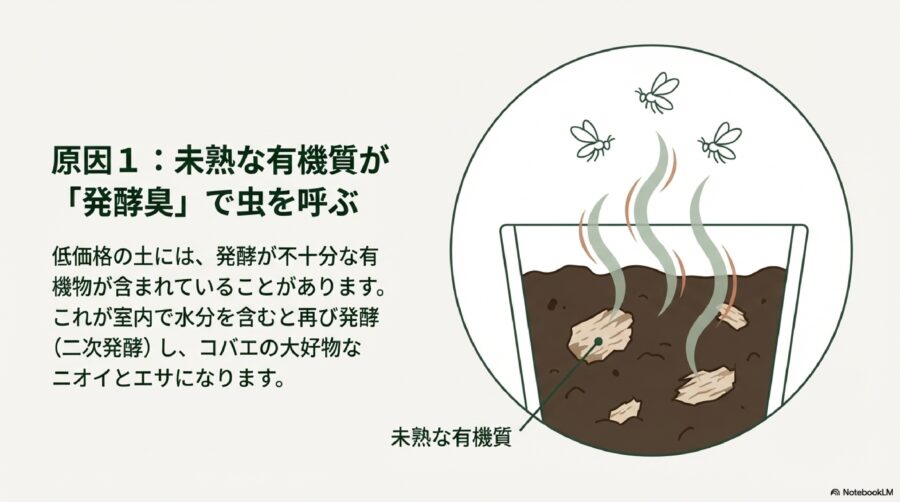 100均の土は虫がわく？原因と初心者がやるべき対策　未熟な有機質
