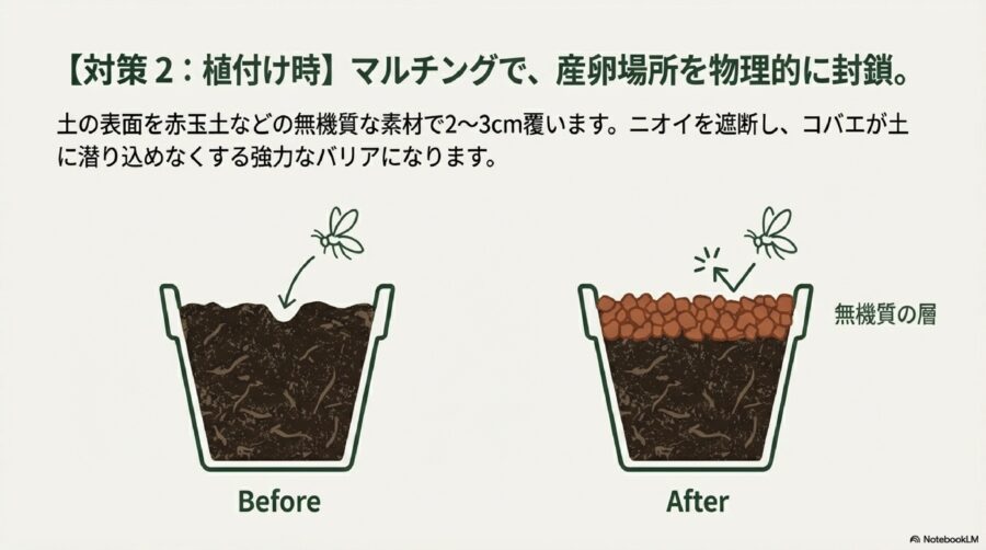 100均の土は虫がわく？原因と初心者がやるべき対策　土の表面を赤玉土などでマルチングする
