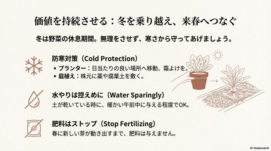 冬越し対策：多年草野菜を寒さから守る