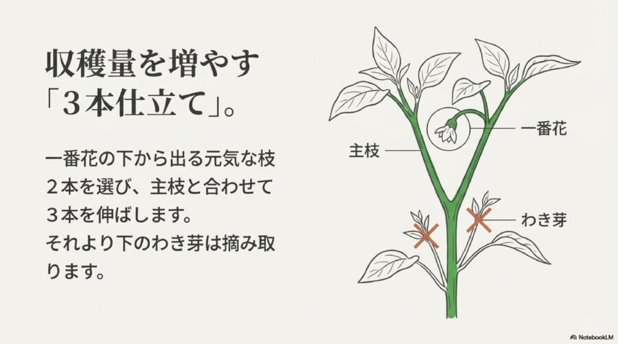 ピーマン栽培　支柱立てと3本仕立ての手順
