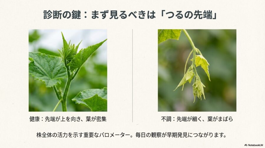 きゅうり栽培　つるの先で分かる株の健康状態