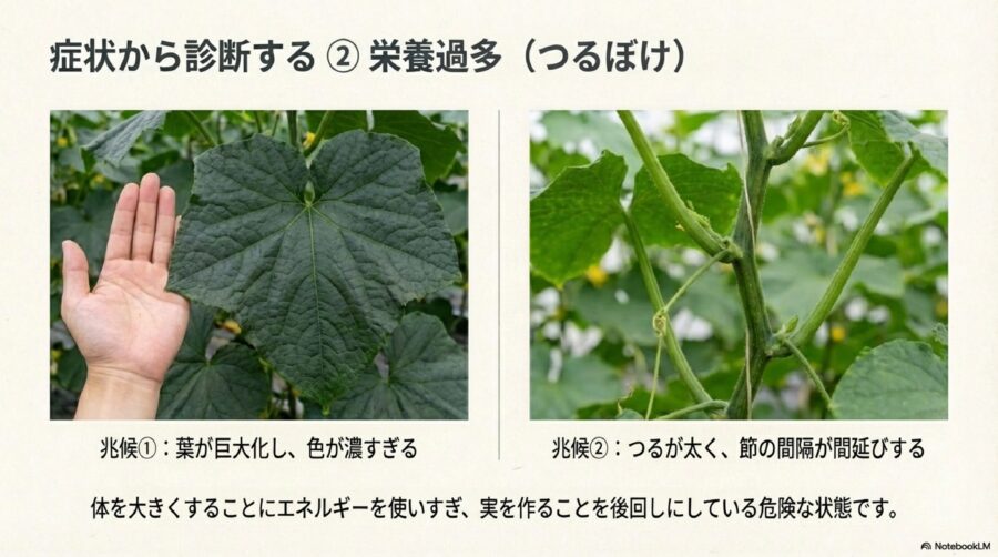 きゅうり栽培　肥料過多が引き起こす生育トラブルとつるぼけ
