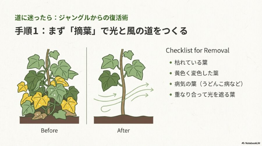 伸びすぎたきゅうりを整理する摘葉手順