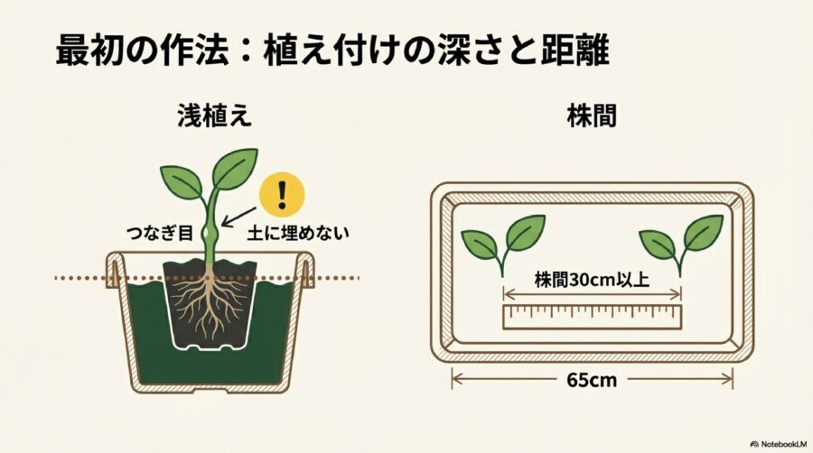 きゅうり栽培　植え付けは浅植えが鉄則！株間は30cm確保