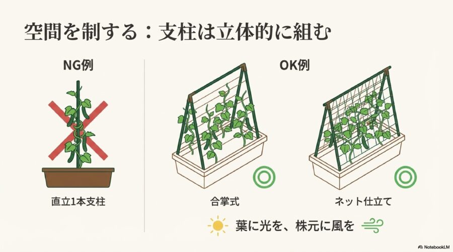 きゅうり栽培　支柱は「合掌式」か「ネット」で広々と
