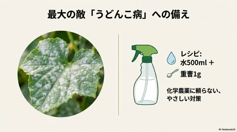 きゅうり栽培　うどんこ病対策には食品成分のスプレーを