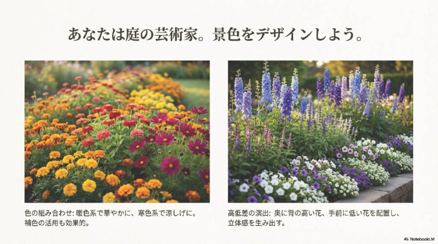 美しい景観デザイン：色の組み合わせと高低差