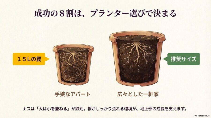 ナス栽培初心者が陥る15Lの罠と適切な土の量