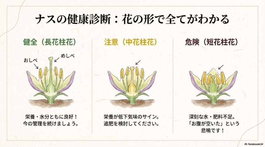 ナス栽培　花の形から栄養状態を診断する方法