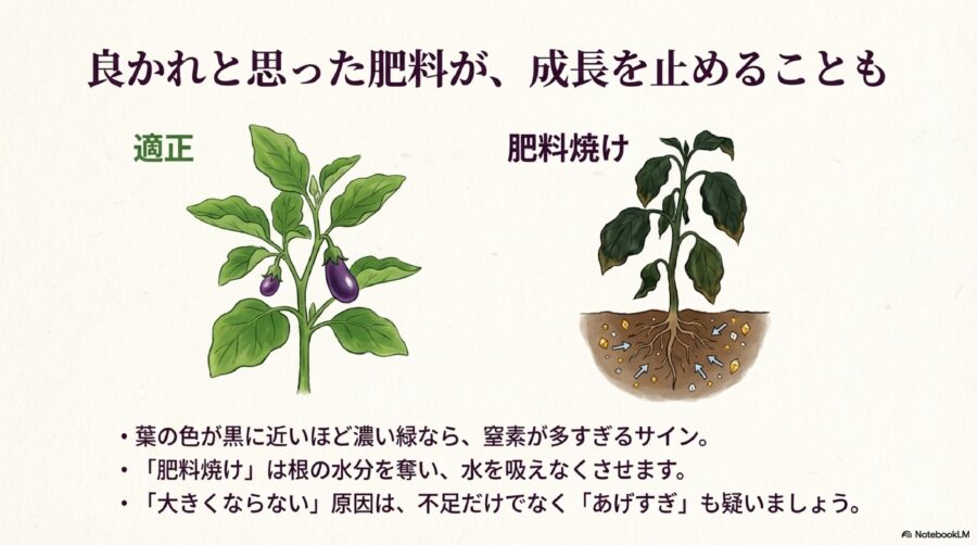 ナス栽培　肥料過多が【大きくならない】要因になる理由