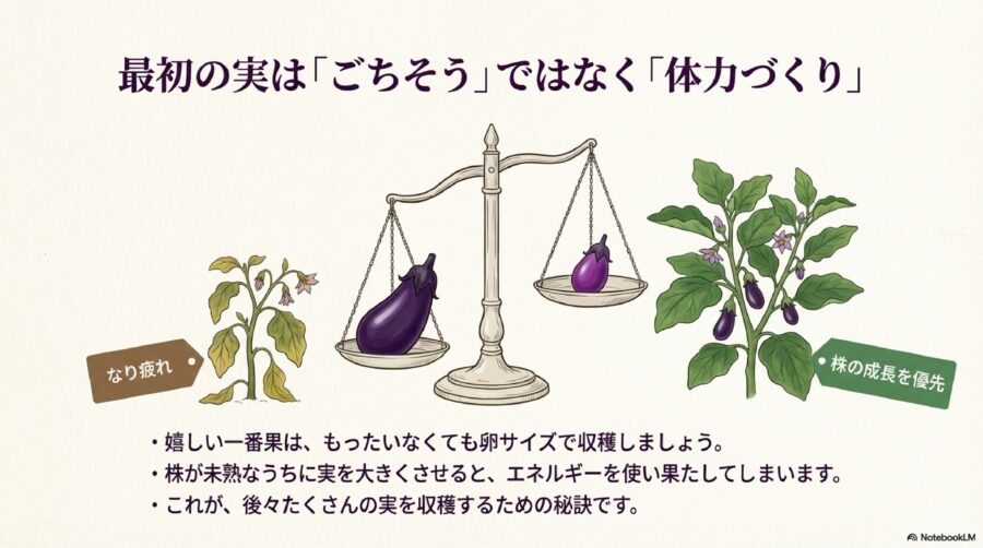 ナス栽培　一番果の摘果と生理障害への対抗策