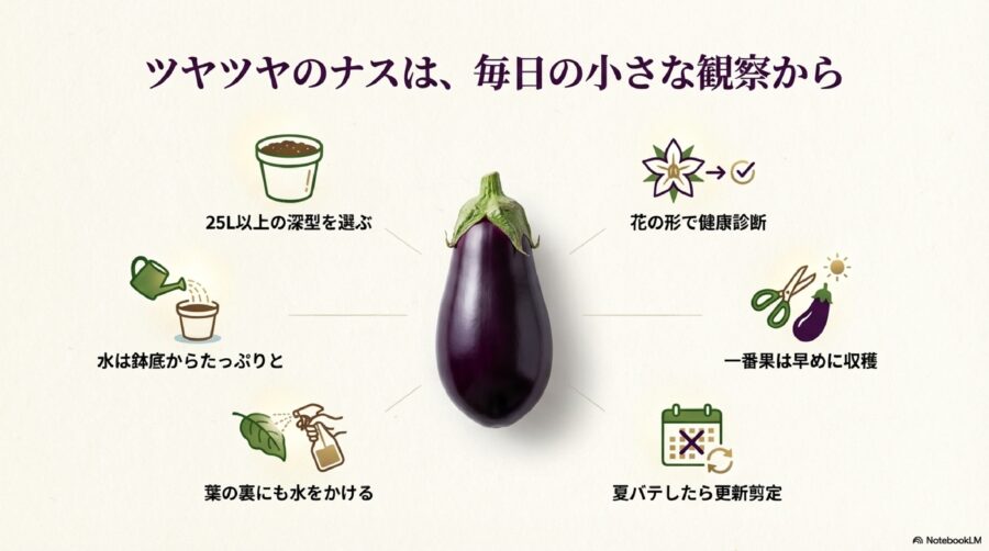 ツヤツヤのナスは毎日の観察から
