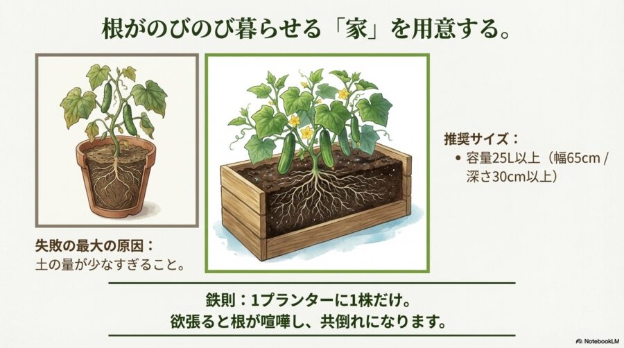 きゅうり栽培　成功するプランターの選び方と土の量