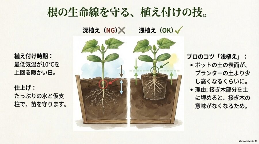 きゅうり栽培　植え付けの適期と浅植えのテクニック
