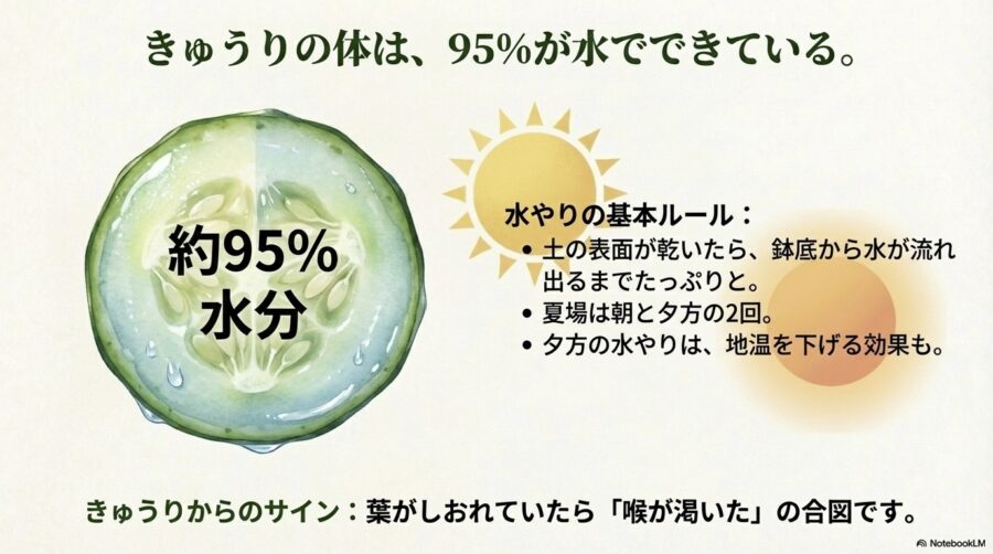 きゅうり栽培　水やりは朝夕の観察が命運を分ける