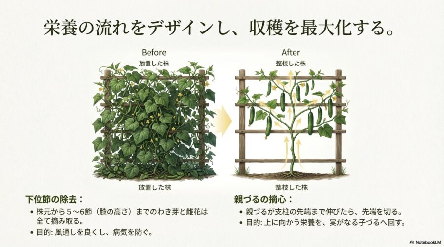 きゅうり栽培　親づるの摘心と整枝で栄養を回す