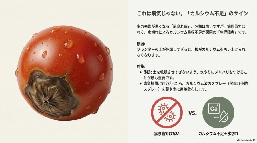 トマトのお尻が黒く陥没してしまう「尻腐れ病」は、病気ではなくカルシウム不足が原因