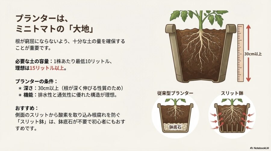 ミニトマト栽培 失敗しないプランター選びと大きさの目安
