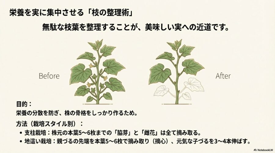 きゅうり栽培 株の負担を減らして成長を促す整枝と摘心