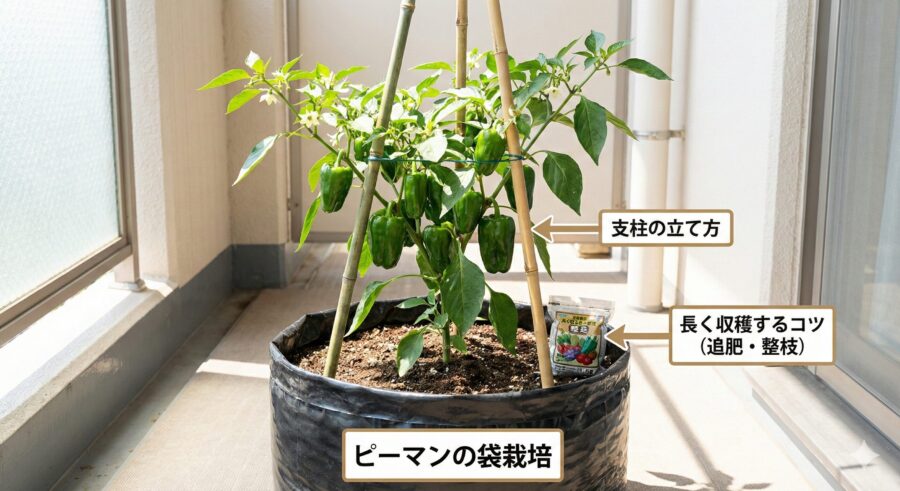 【初心者必見】ピーマンの袋栽培！支柱の立て方と長く収穫するコツ