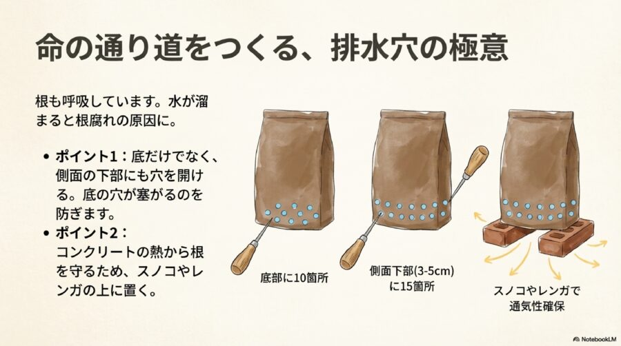ピーマン栽培　排水穴は底と側面に必ず開けよう