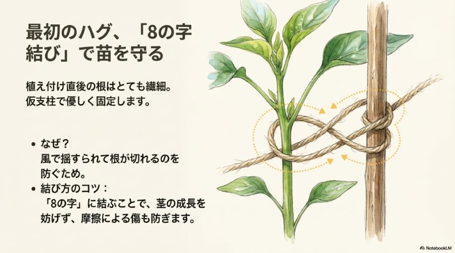 ピーマン栽培　植え付け時の仮支柱は8の字結びで