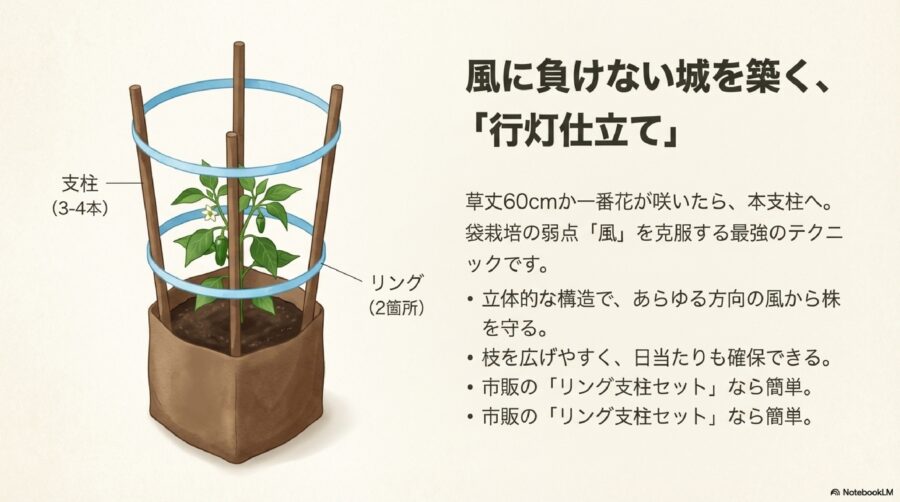ピーマン栽培　失敗しない支柱の立て方は行灯式