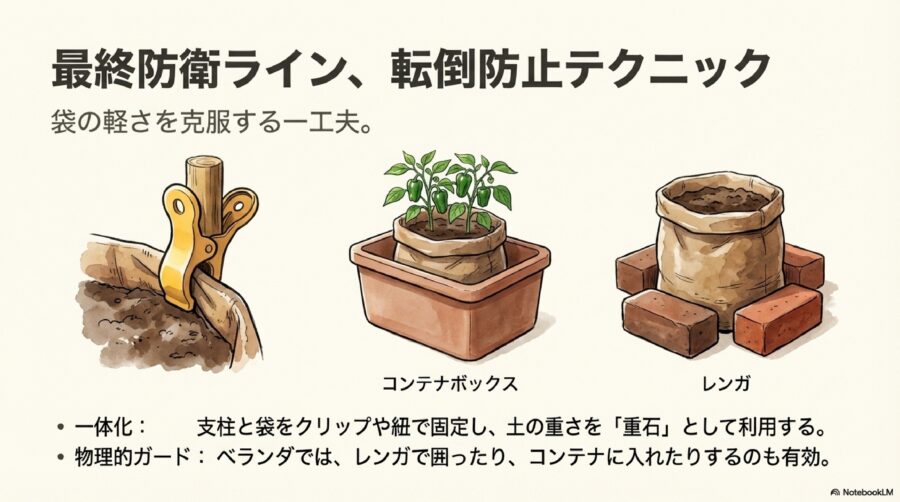 ピーマン栽培　転倒防止に役立つ固定テクニック