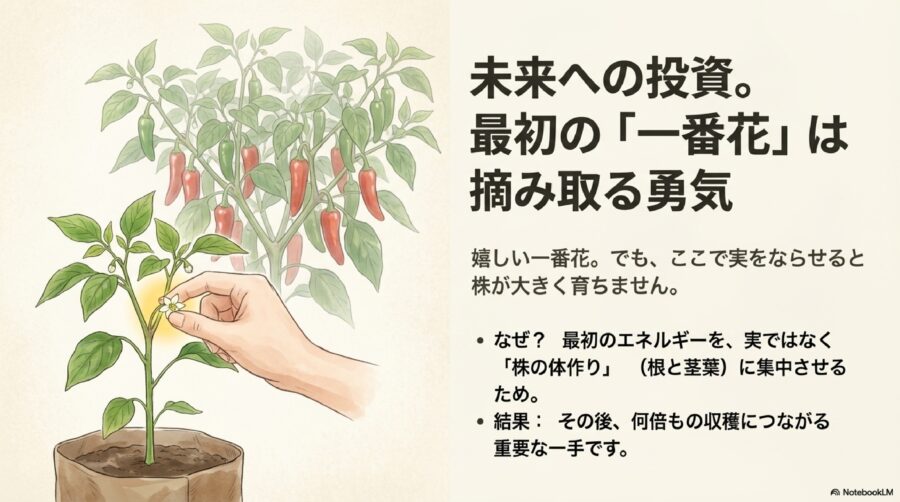 ピーマン栽培　一番花は摘み取って株を優先させる