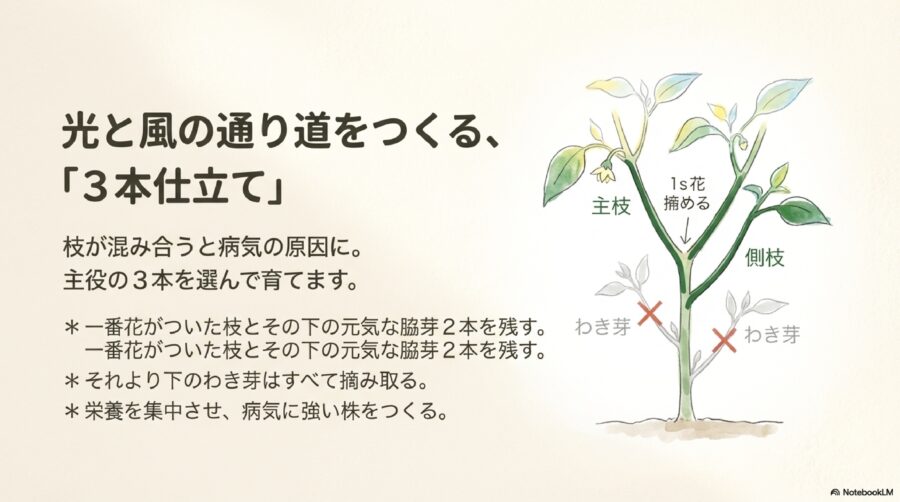 ピーマン栽培　3本仕立てとわき芽かきのポイント
