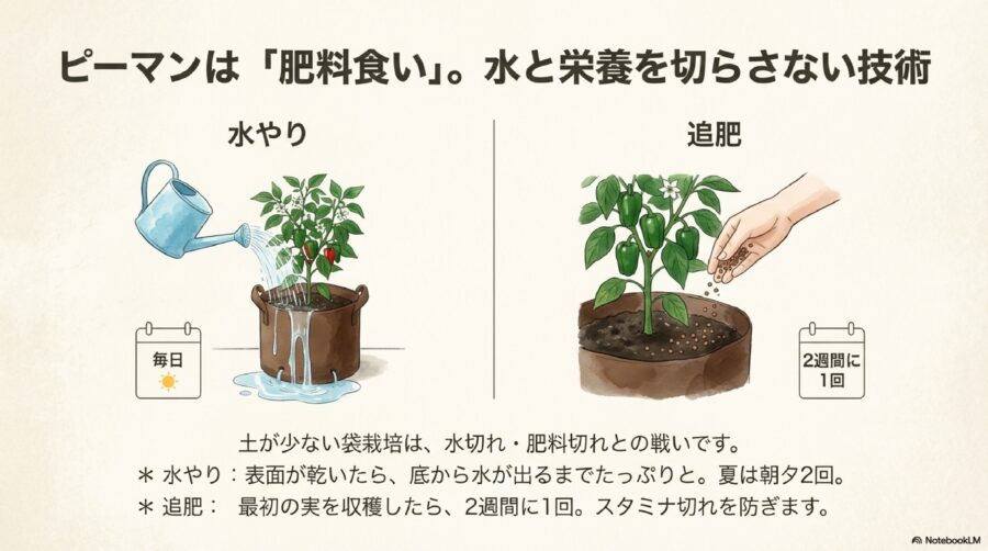ピーマン栽培　水やりと追肥で肥料切れを防ぐ方法
