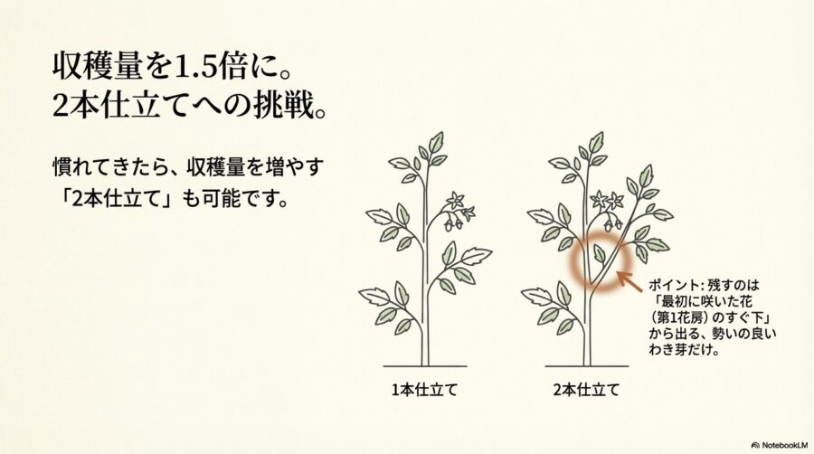 トマト栽培　収穫量を増やしたいなら2本仕立てにも挑戦してみる