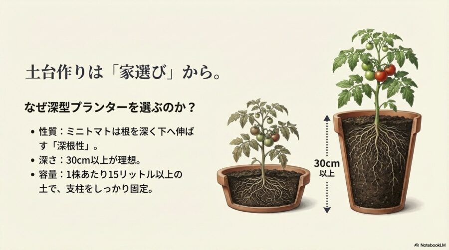 深型のプランターを選んでミニトマトの根を張らせる