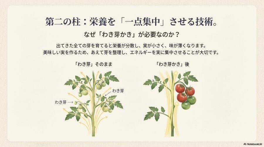 トマト栽培　栄養を分散させないために行うわき芽かきの重要性