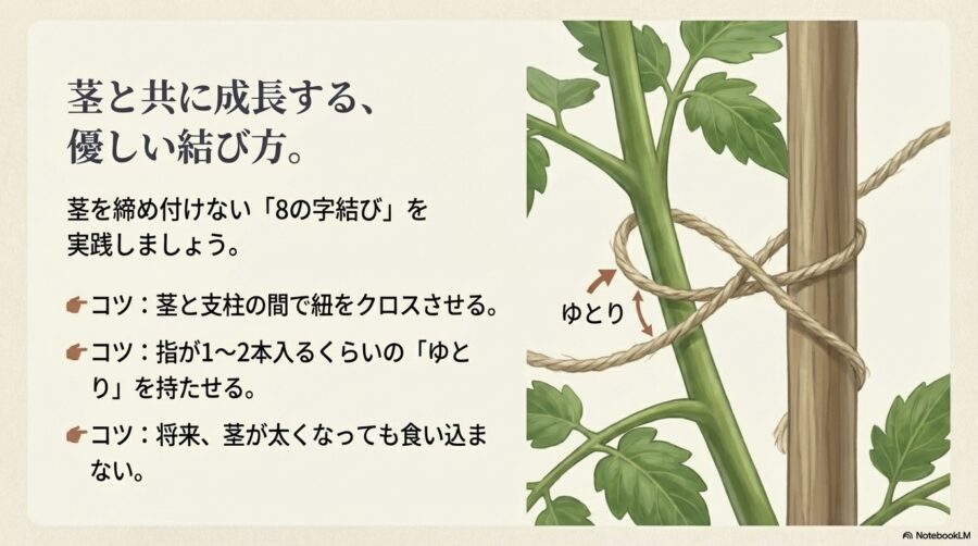 トマト栽培　茎に優しくゆとりを持たせる8の字結びの実践