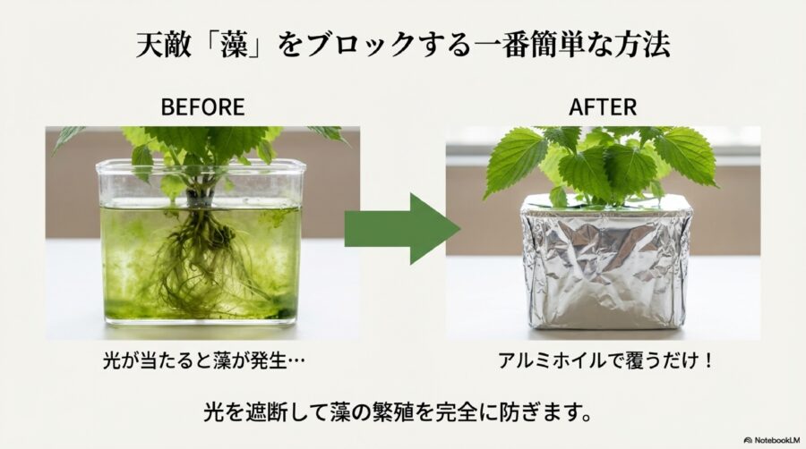 大葉の水耕栽培を100均のタネとグッズで楽しむ!失敗しないコツ アルミホイルで遮光して藻の発生を徹底的に防ぐ方法