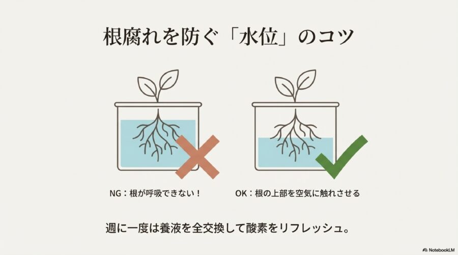 大葉の水耕栽培を100均のタネとグッズで楽しむ!失敗しないコツ 根腐れを防止するための水位調整と酸素供給のコツ