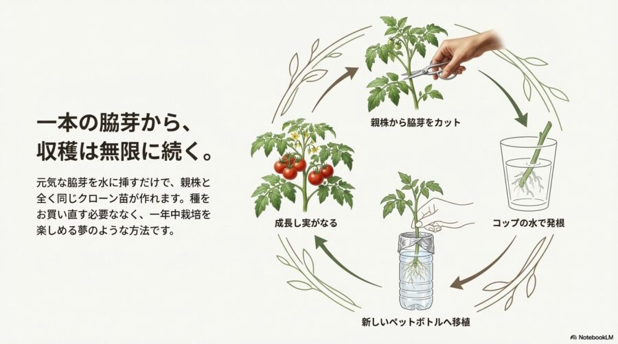 ミニトマトの挿し木水耕栽培で無限収穫